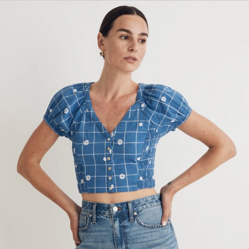 Madewell Blue Embroidered Puff-Sleeve Crop Top size 2